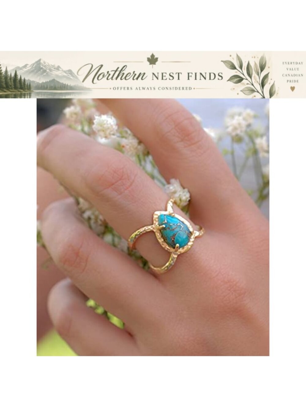 18K Gold Water Drop Turquoise Ring Size 7 Bohemian Party Engagement